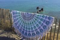 Drap de plage rond bleu franges longues