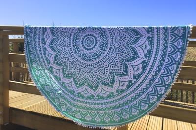 Drap de plage rond vert pompons