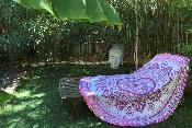 Drap de plage rond rose pompons multicolores